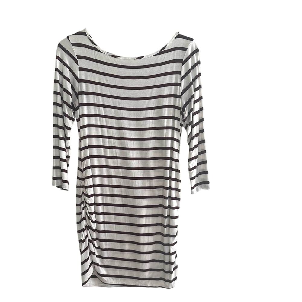 Loveappella Maternity 3/4 Sleeve Scoop Neck Rouched Red & White Stripes Medium
